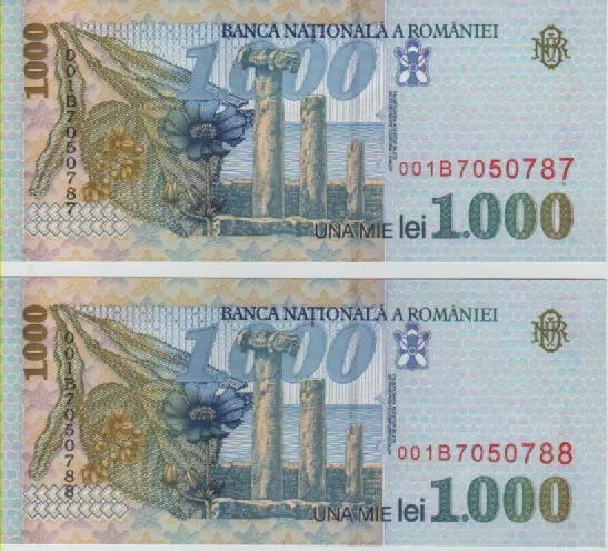 Romania - 2 banknotes 1000 Lei 1998- consecutive series UNC