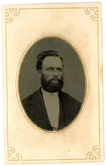 CIRCA 1860'S CDV Cartouche Hand Tinted TINTYPE Rugged Man With Beard in Suit