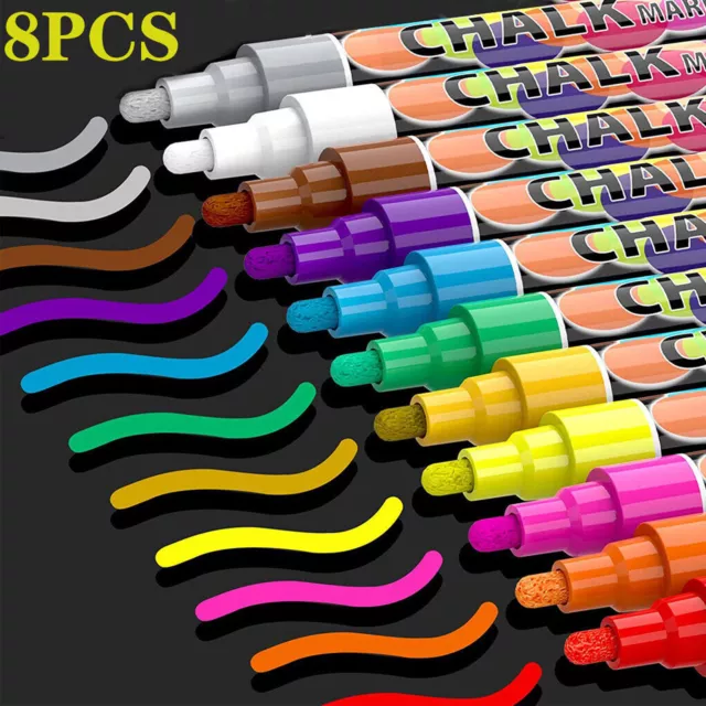 8x Liquid Chalk Markers Pens For AD Blackboard Black Signs Chalk Board LED Glass