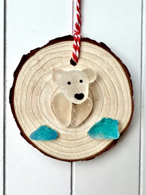 Handmade Sea Glass Cute Polar Bear Christmas Ornament Decoration