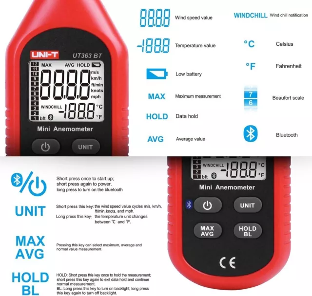 UNI-T Bluetooth Anémomètre Portable Mini Digital écran LCD avec thermomètre Mété 3