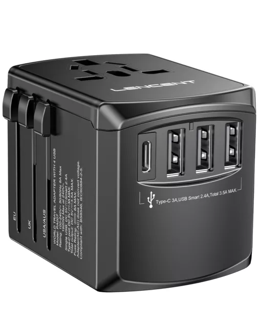 LENCENT Travel Adapter International Universal 4USB Converter Plug Charger Black