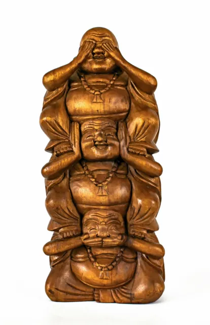 15" Wooden Hand Carved See Hear Speak No Evil Laughing Happy Buddha Wood Statue