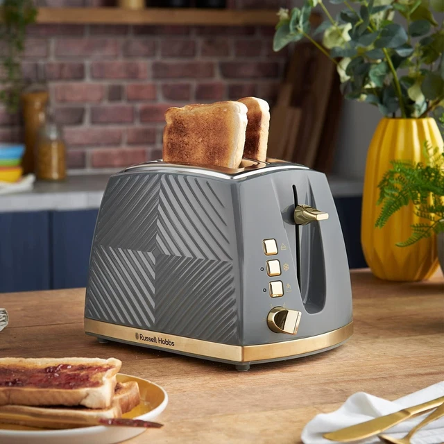 RUSSELL HOBBS 2 Slice Toaster Groove High Lift Wide Slot Grey with Gold ...