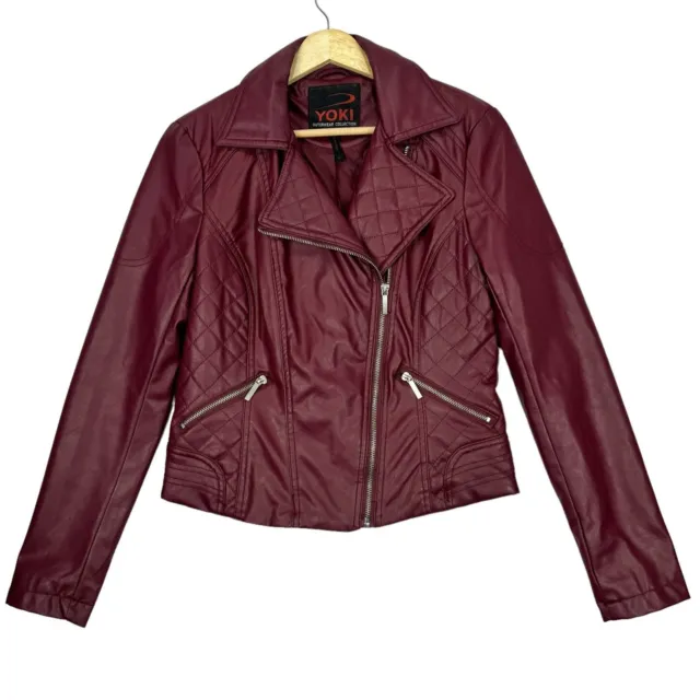 YOKI Faux Leather Biker Jacket Maroon Burgundy Womens Size M Full Zip Moto Style