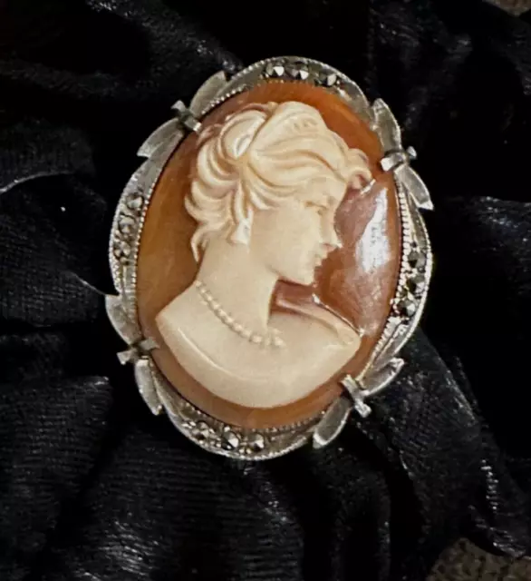 Vintage Victorian Hand Carved Shell & Marcasite Cameo Brooch Pin/Pendant Reduced