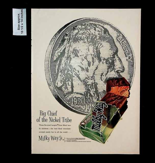 1955 MILKY WAY Chocolate Bar Candy Big Chief Nickel Vintage Print Ad