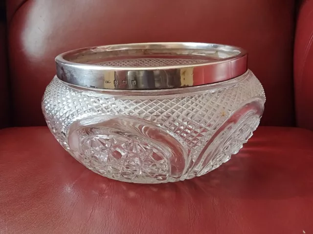 Solid Silver Rimmed Cut Glass Fruit Bowl Hallmarked  Birmingham 1910 Thomas Wood