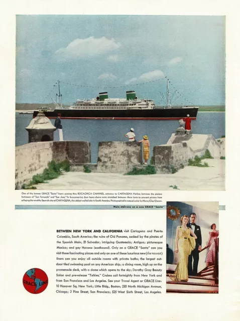 1930s BIG Vintage Grace Lines Santa Cruise Ship Cartagena Color Photo Print Ad