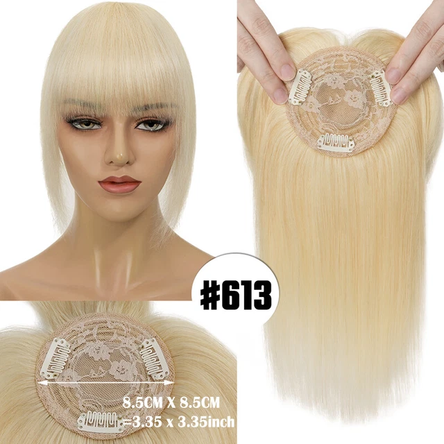 8.5x8.5cm Women Human Hair Topper with Bangs Clip In Mono #613 Bleach Blonde USA