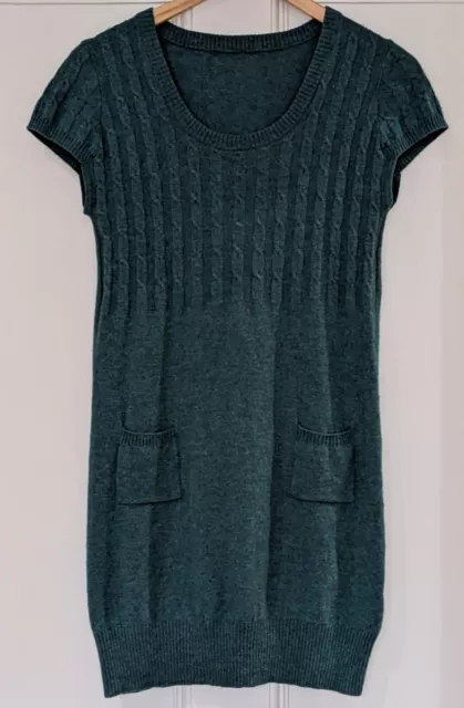 Woolovers 70% Merino Wool 30% Cashmere Cap Sleeve Green Dress With Cable Ribbing