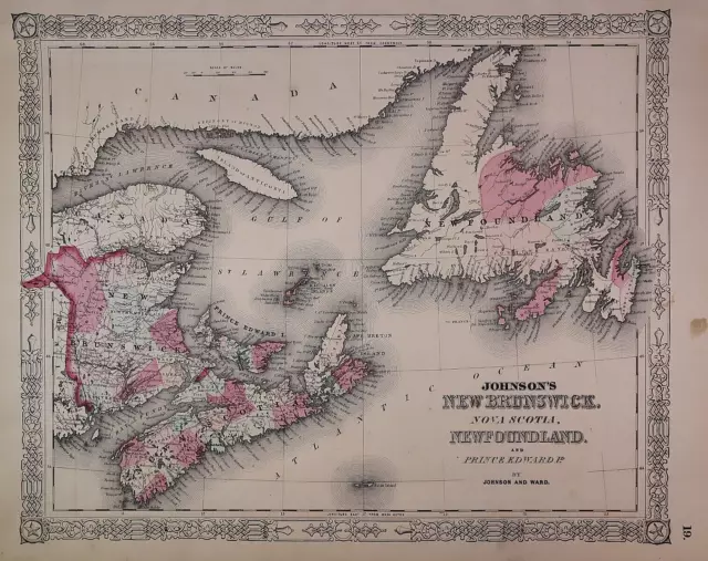 Antique 1863 Johnson Atlas Map ~ CANADIAN MARITIME PROVINCES ~ (14x18) -#1422