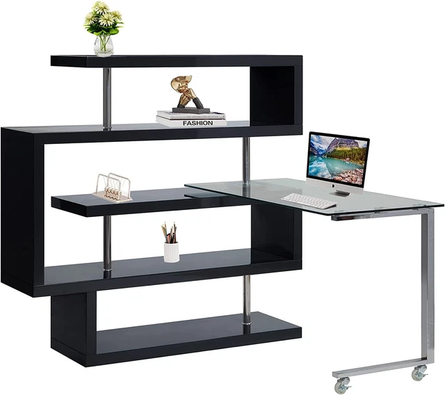 L Shaped Computer Desk, Modern 360° Rotating Corner Home Office Desk with Storag