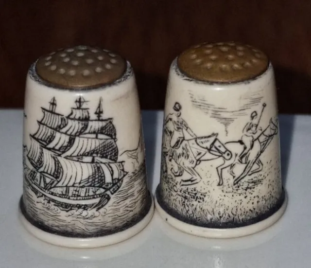 Faux Scrimshaw Thimbles Whaling Ship at Sea Thimble & Horses Playing Polo