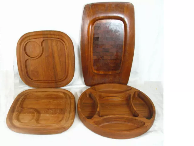 4 Pc Mid Century Danish Modern Dansk Teak Divided Tray & Cheese/Dip Trays