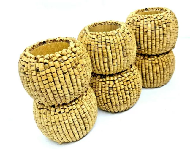 Pottery Barn Set 6 Wooden Bead Napkin Rings Handmade Beach House Natural Beige