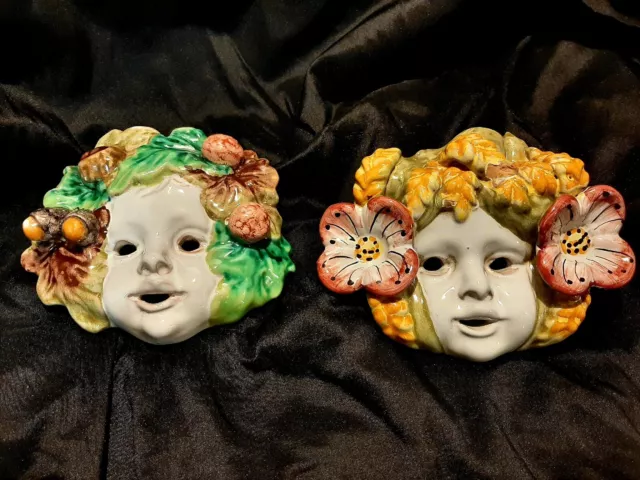 Vintage Italian Majolica Art Pottery Cherub Flowers 2 Faces Wall Hanging