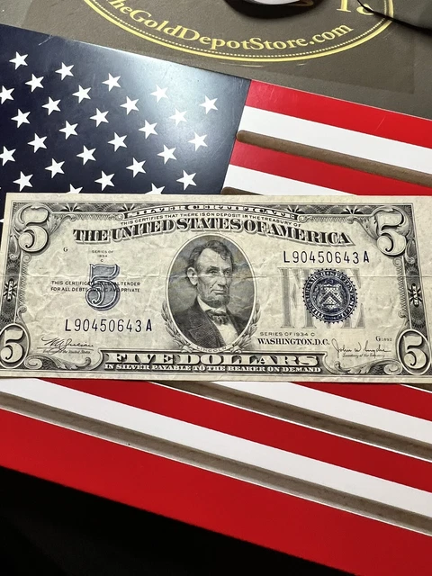 1934 C $5 Five Dollar Silver Certificate Blue Seal Nice Note L90450643A