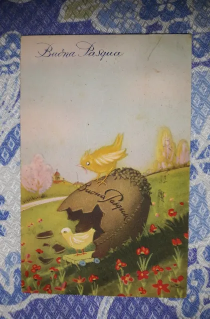 CARTOLINA AUGURALE Buona Pasqua  (Pulcini, Uovo). Piccolo Formato viaggiata