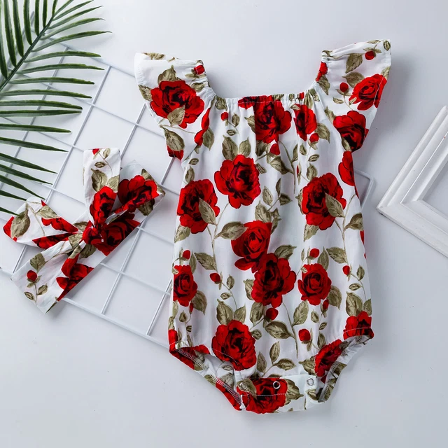 Newborn Baby Rose Print Flutter Romper Girls Summer Jumpsuit Outfit Photo Shoots 2