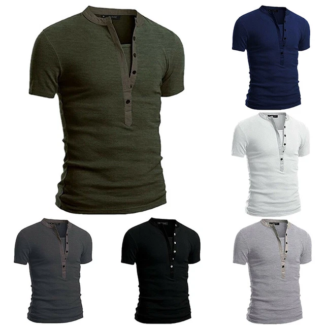 Uomo Casual Slim Fit Scollo V T-Shirt Muscolo Tee Maglia Bottoni Manica Corta