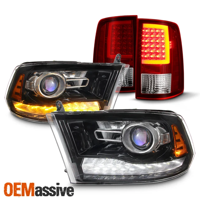 [LED Set]For 09-18 Dodge Ram Black Projector Headlight & Red Taillights Lens