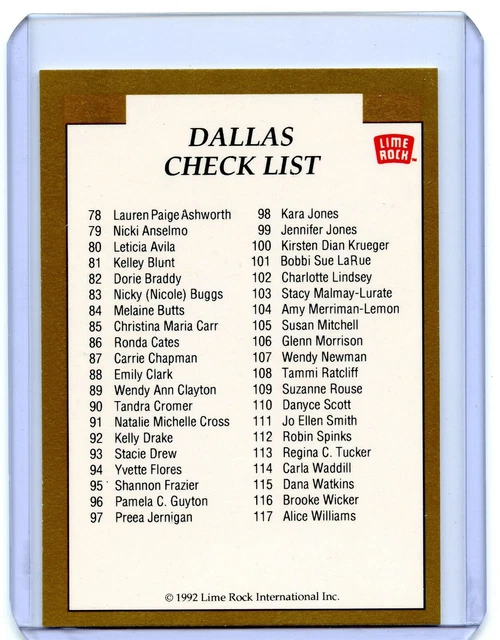 DALLAS CHECK LIST, Dallas Cowboys Cheerleaders. 1992 Lime Rock Card 