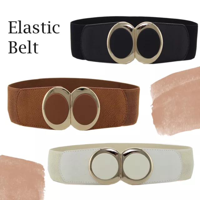 Women Ladies Wide Belt Elasticated Fashion Gold Buckle Stretch Classic Waistband