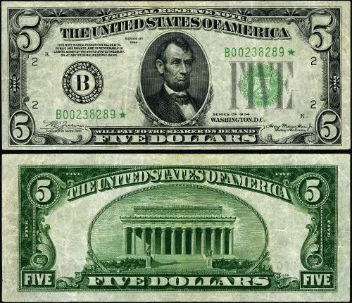 FR. 1956 B* $5 1934 Federal Reserve Note Mule New York B-* Block VF+ Star