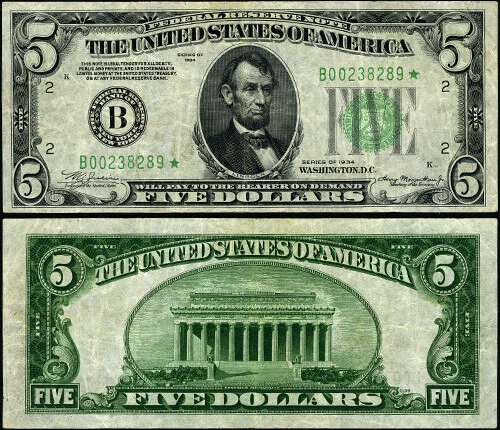 FR. 1956 B* $5 1934 Federal Reserve Note Mule New York B-* Block VF+ Star