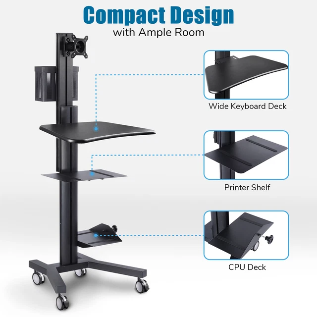 PC Mobile Computer Cart Workstation Desktop Monitor Stand Office Printer Holder