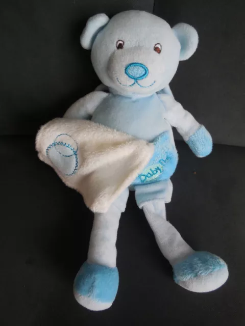 doudou peluche ours bleu + mouchoir blanc rond BABY NAT' babynat 23cm