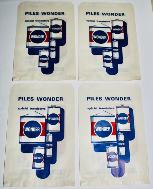 VINTAGE FRENCH ADVERTISING - 4 x FOLD-OUT PAPER BAGS Piles Wonder - BATTERIES