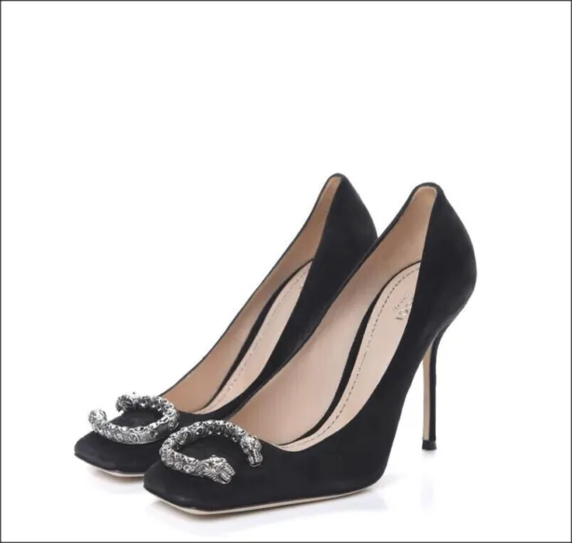 New Gucci Dionysus Pump Heel Shoe Embellished Square Toe Black Suede 41 IT/11 US