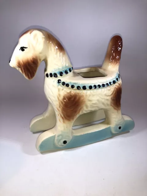 Vintage TERRIER DOG PLANTER FLOWER POT on ROCKER c 1940s OLD Ceramic