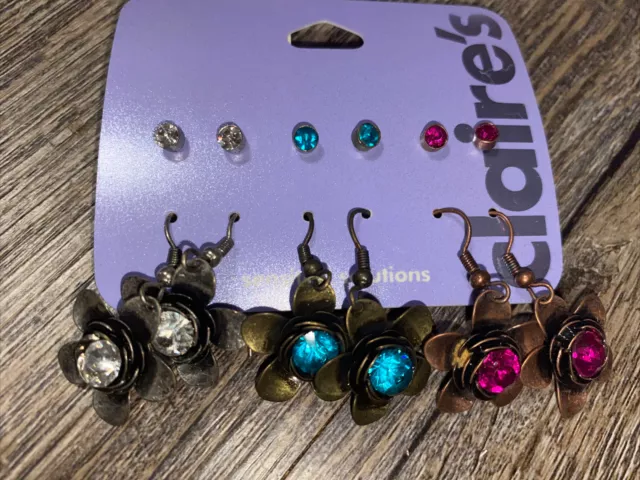 Claire’s floral rhinestone flower dangle Stud teal Fushia earrings jewelry set