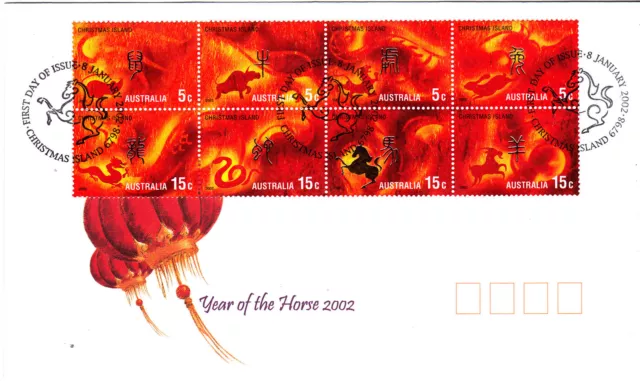 2002 Christmas Island Year of The Horse (Gummed Strips of 5c & 15c) FDC