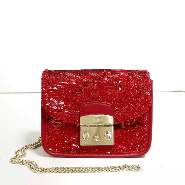 Auth FURLA Metropolis - Red Leather Sequins Shoulder Bag