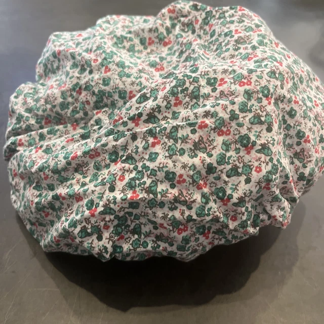 Vintage Style World Market 100% Cotton Red Cream Floral Plastic Lined Shower Cap