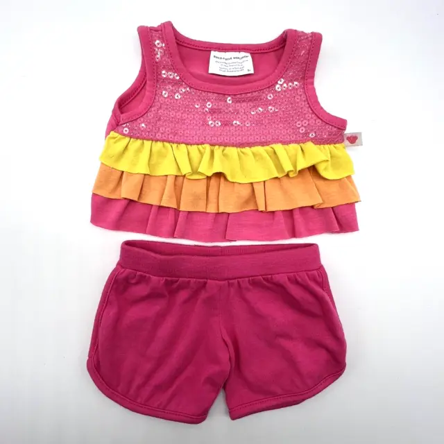 Build a Bear Pink Yellow Orange Sequin Ruffle Tank Shorts Teddy Clothes Outfit
