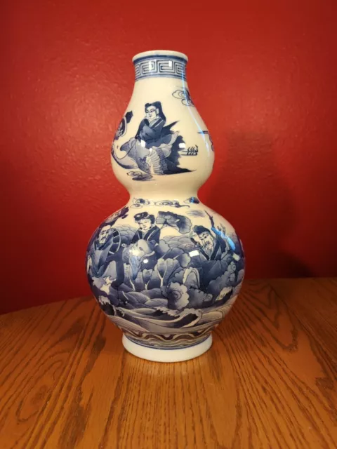 Chinese Blue And White Porcelain Double Gourd Vase Featuring 8 Taoist Immortals