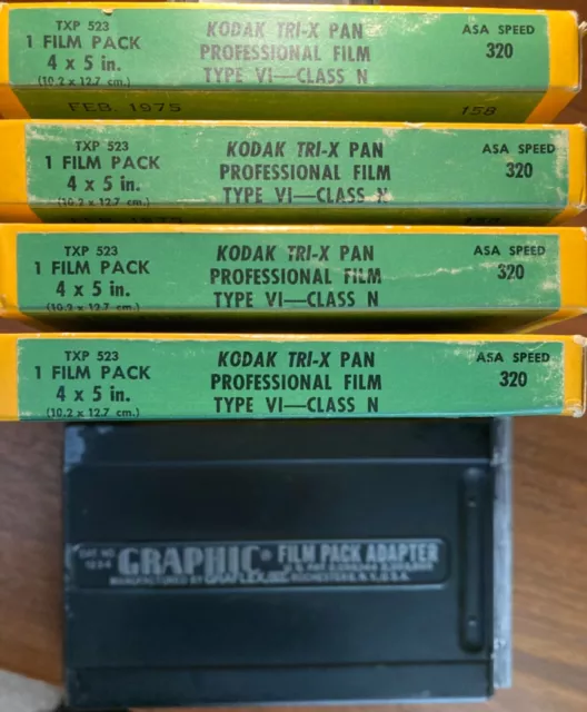 Graphic 4x5 film pack adapter with 4 packs of unopened Tri-X film