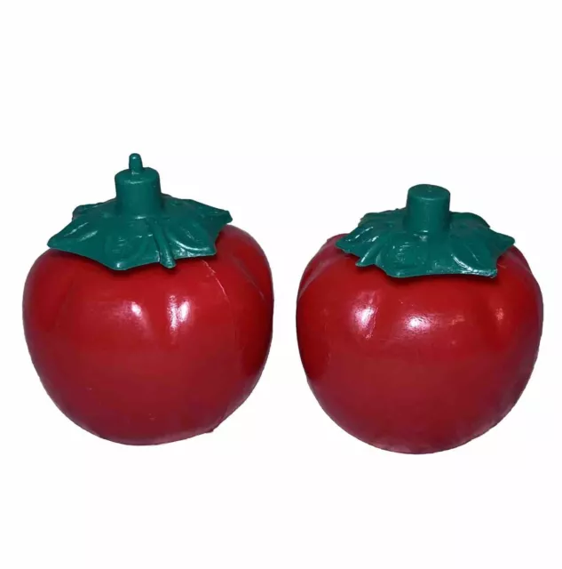 Vintage Tomatoes Salt & Pepper Shakers Set of 2 Soft Blow Mold Plastic Red Green