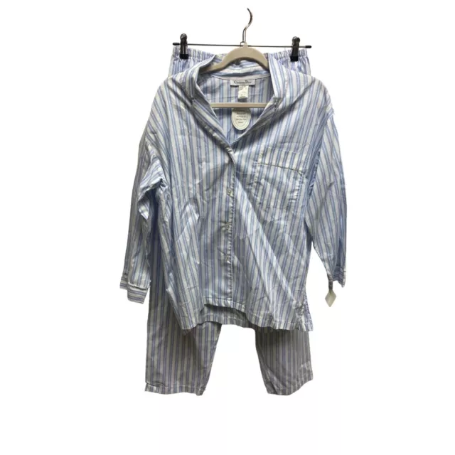 Christian Dior Blue/White Striped Women Pajama Sleepwear Set Size M Pima Cotton
