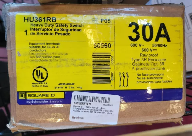New Surplus Square D HU361RB 30 amp 600 volt NON Fused 3R Outdoor Disconnect