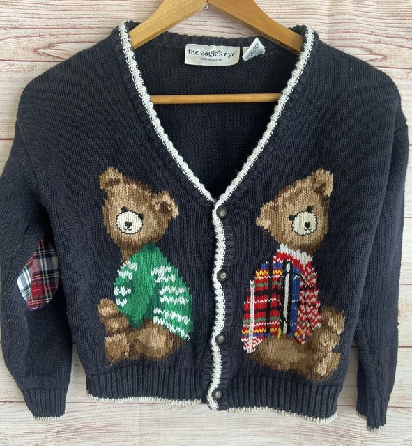 Vintage Handmade Children’s Knit Teddy Bear Button Down Cardigan 1990’s