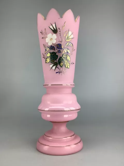 Hand Painted Antique Victorian Pink Satin Glass Vase