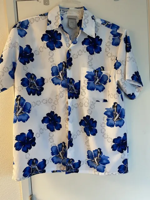 Extreme Gear Hawaiian Shirt Mens M Hula Girls Blue White Floral Button Pin Up