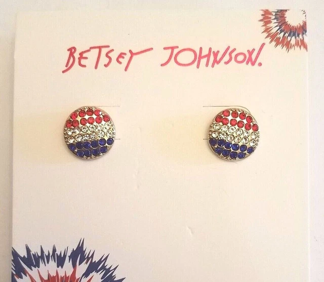 BETSEY JOHNSON 4th July Rhinestone Flag Bling Earrings Red White & Blue NWT $25