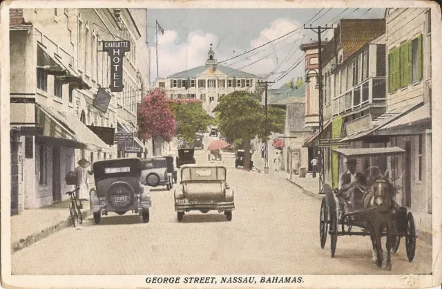 Nassau, BAHAMAS - George Street - 1933 - old cars, horse & buggy, bicycle